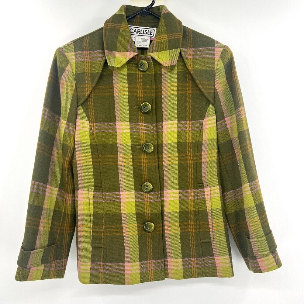 NWOT Carlisle Wool Blend Green Plaid Jacket Women's Size 4 $800 MSRP